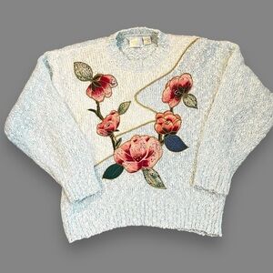 Needles & Yarn Sweater Pullover Applique Flowers Gold Trim Medium Vintage 80s